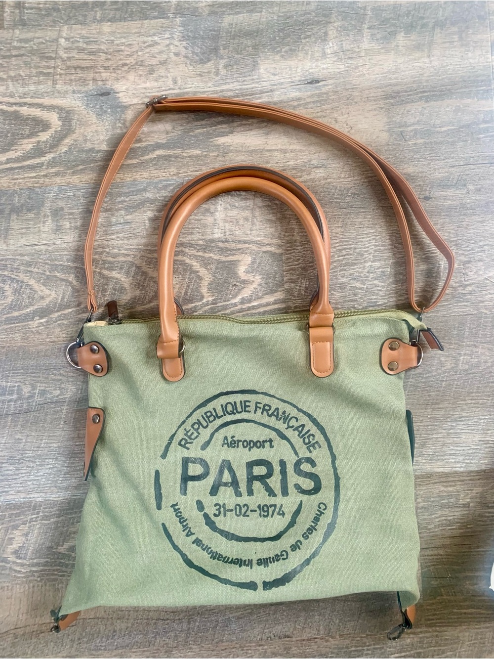 Canvas Paris Stamp Tote with Tan Leather Handles